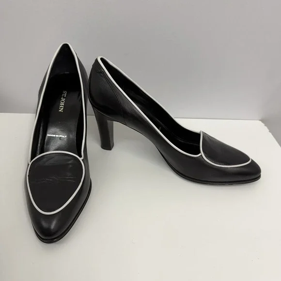 St. John Leather Pumps Shoes Black & White Classic & Elegant 1 Sleeper Bag 8 B - Picture 2 of 9